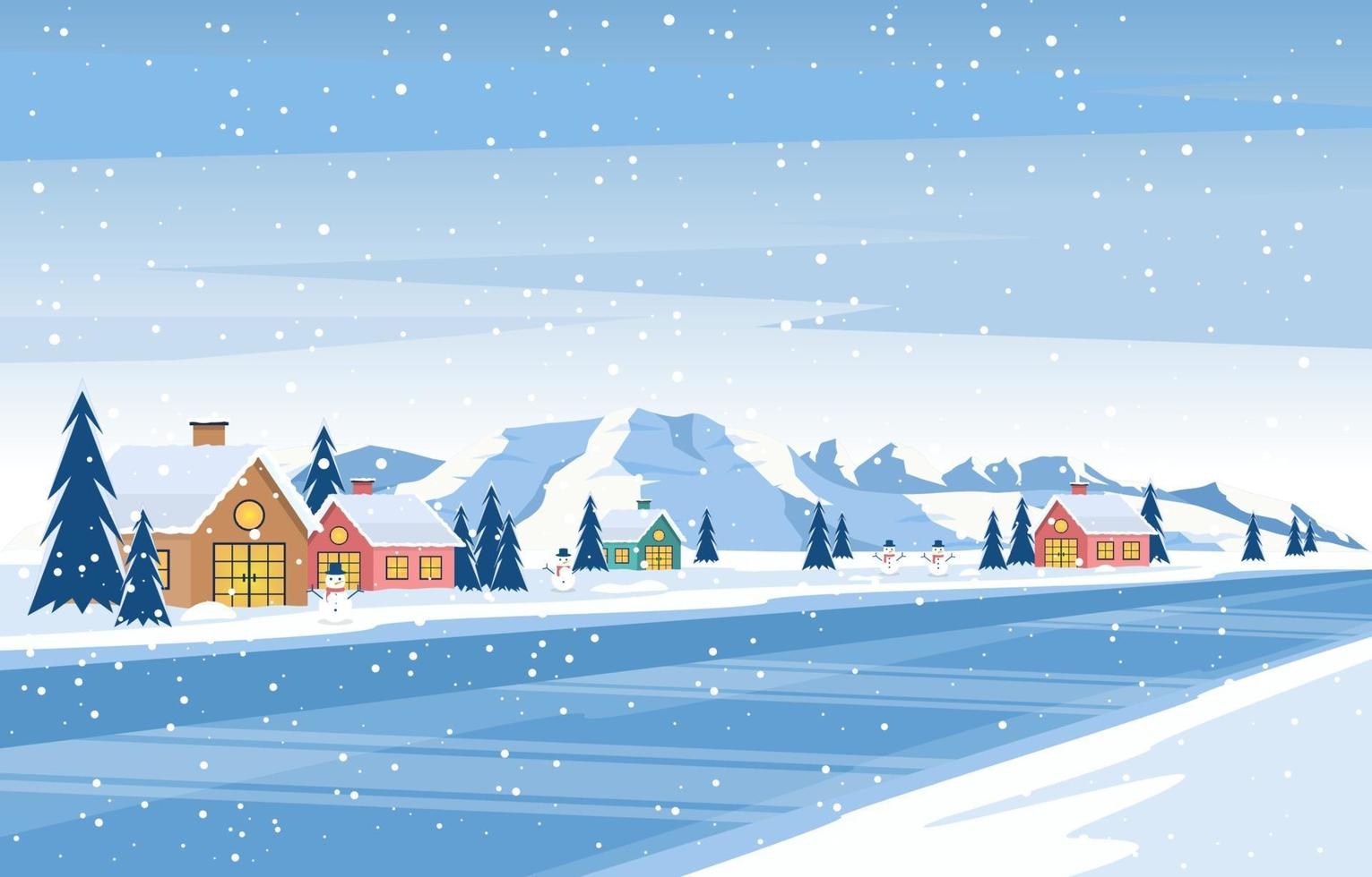 Cozy Winter Scene with Trees, Cottages, and Hills vector