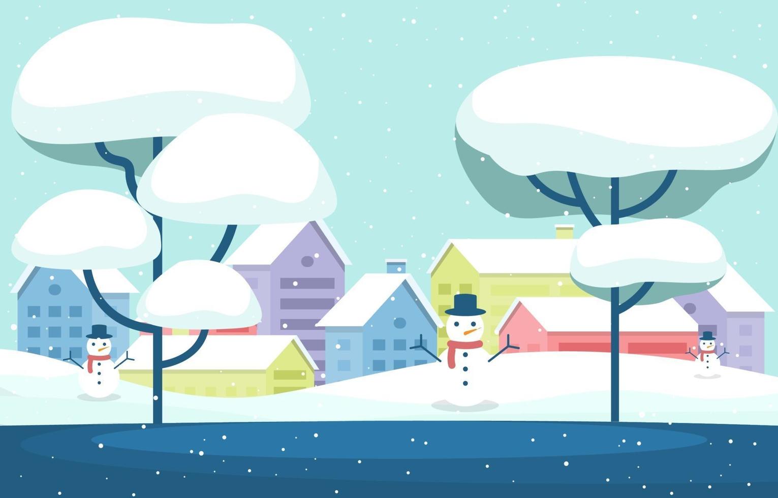 acogedora escena de la ciudad de invierno cubierto de nieve con árboles, casas y muñecos de nieve vector