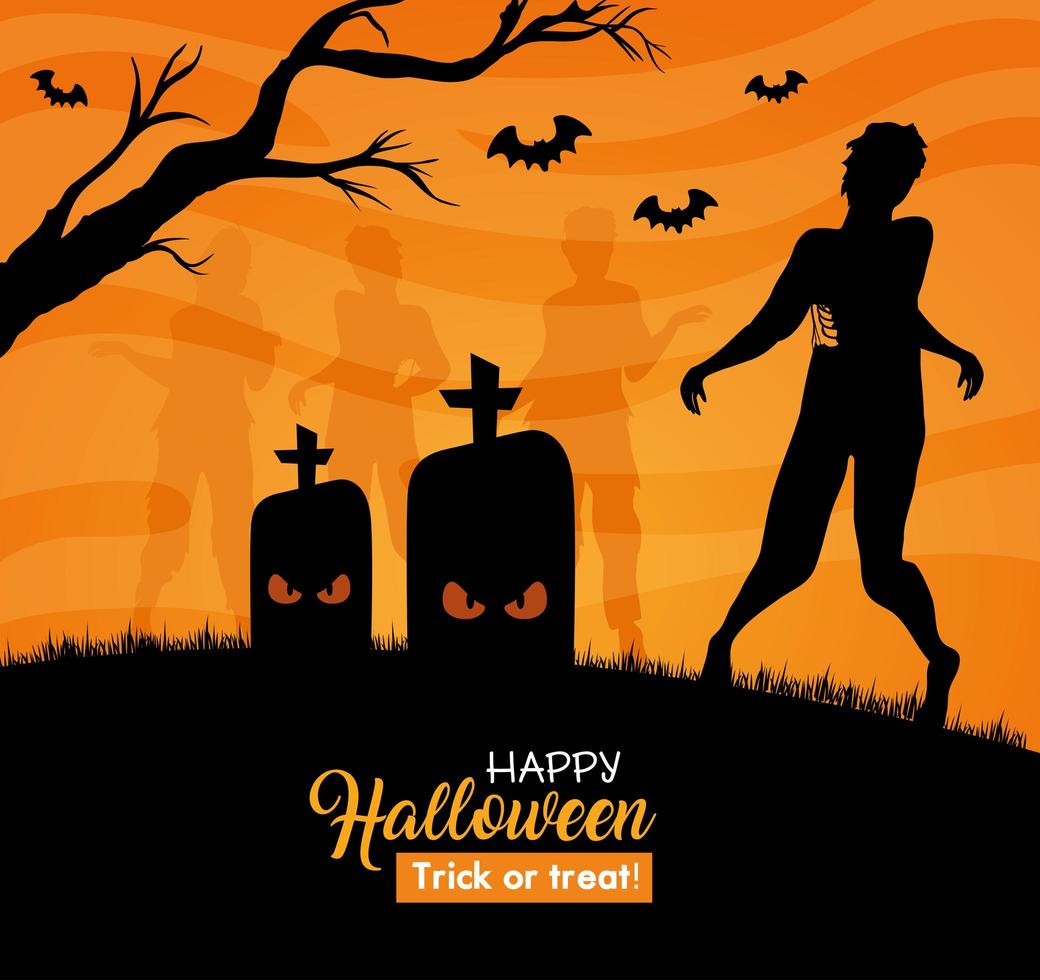 Banner de feliz halloween con siluetas de zombies en el cementerio vector