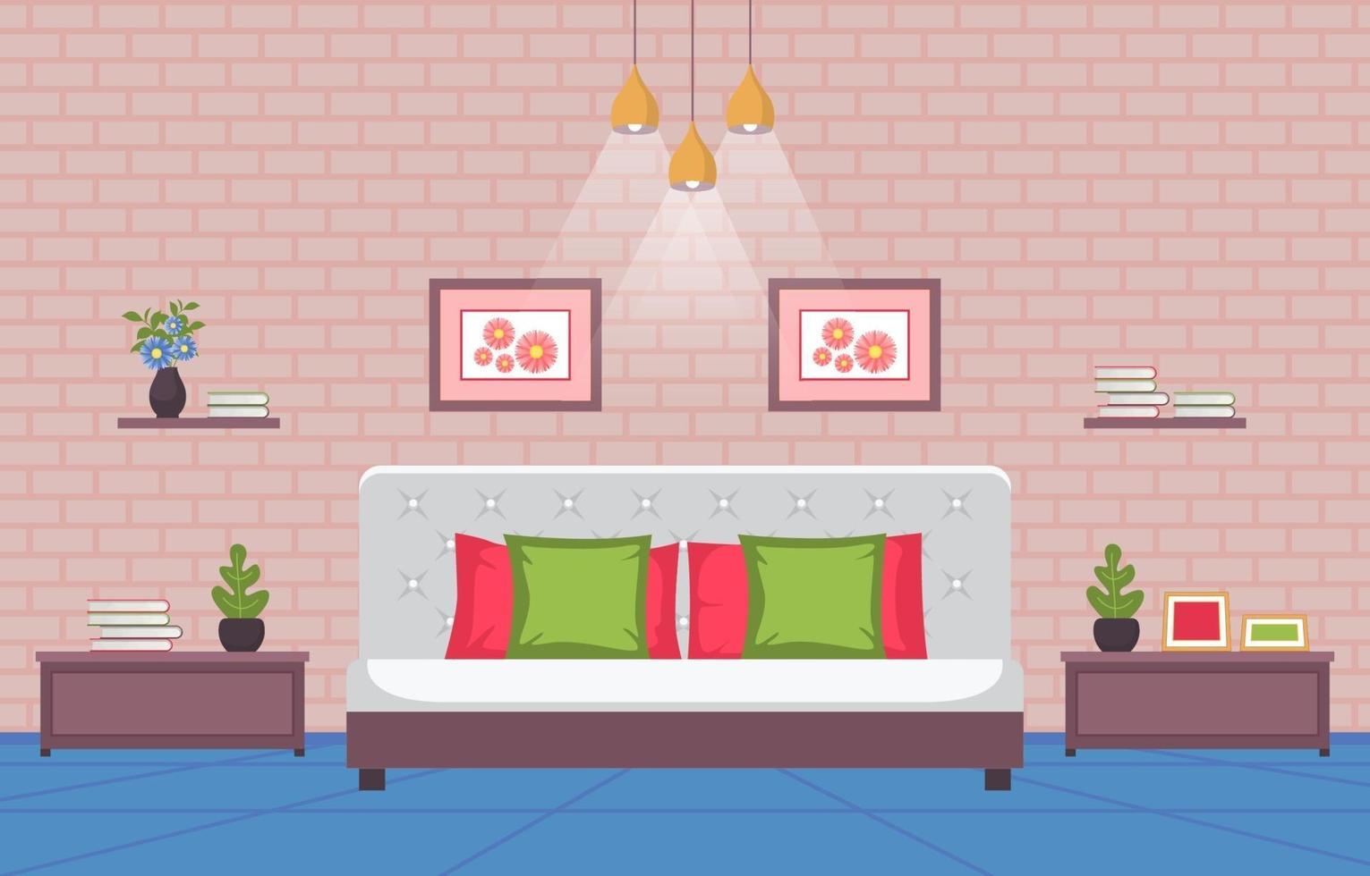 Cozy Bedroom Interior with Double Bed and Lamps vector