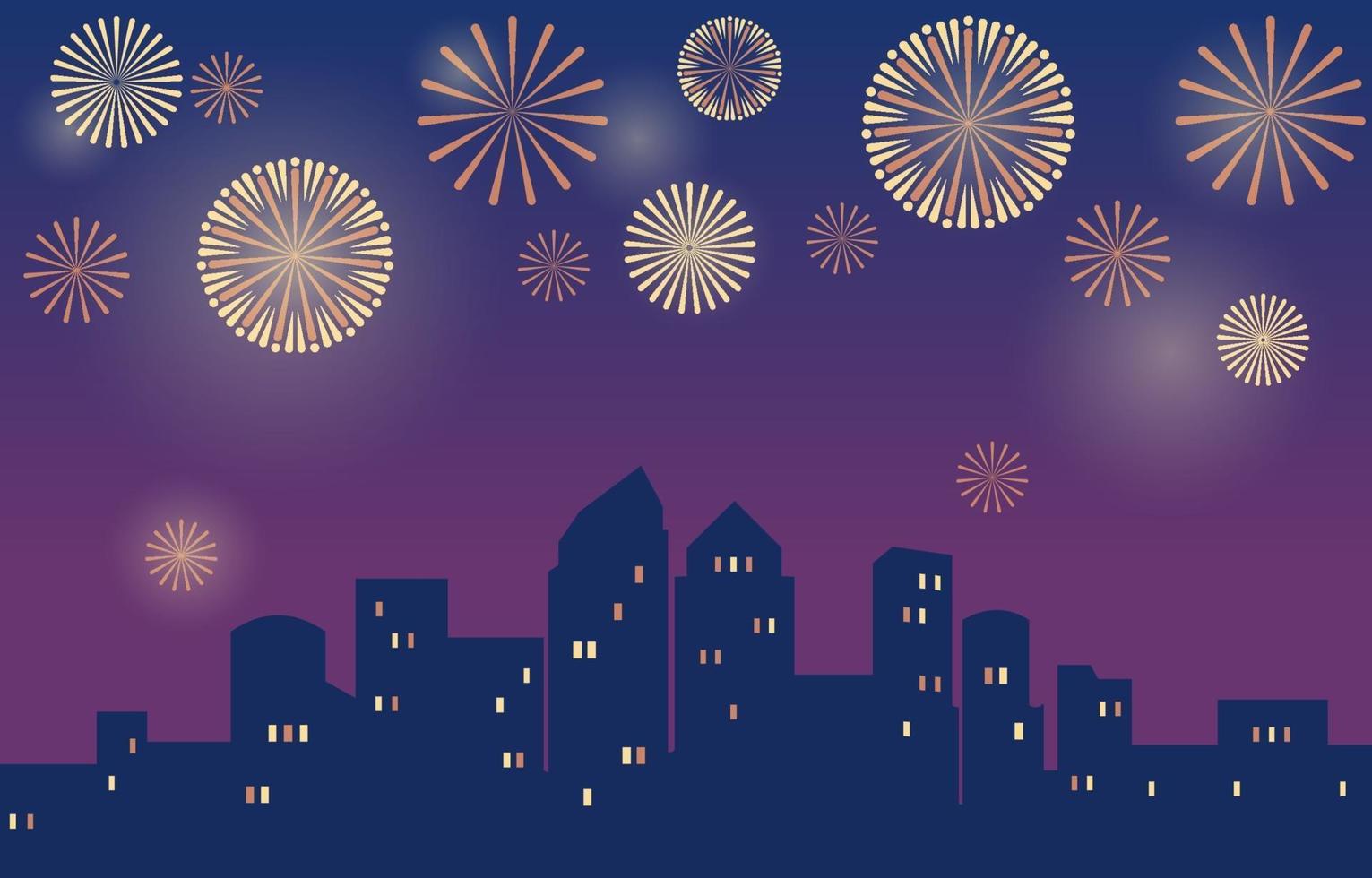 Happy New Year Scene with Fireworks over a Stylized City Skyline vector