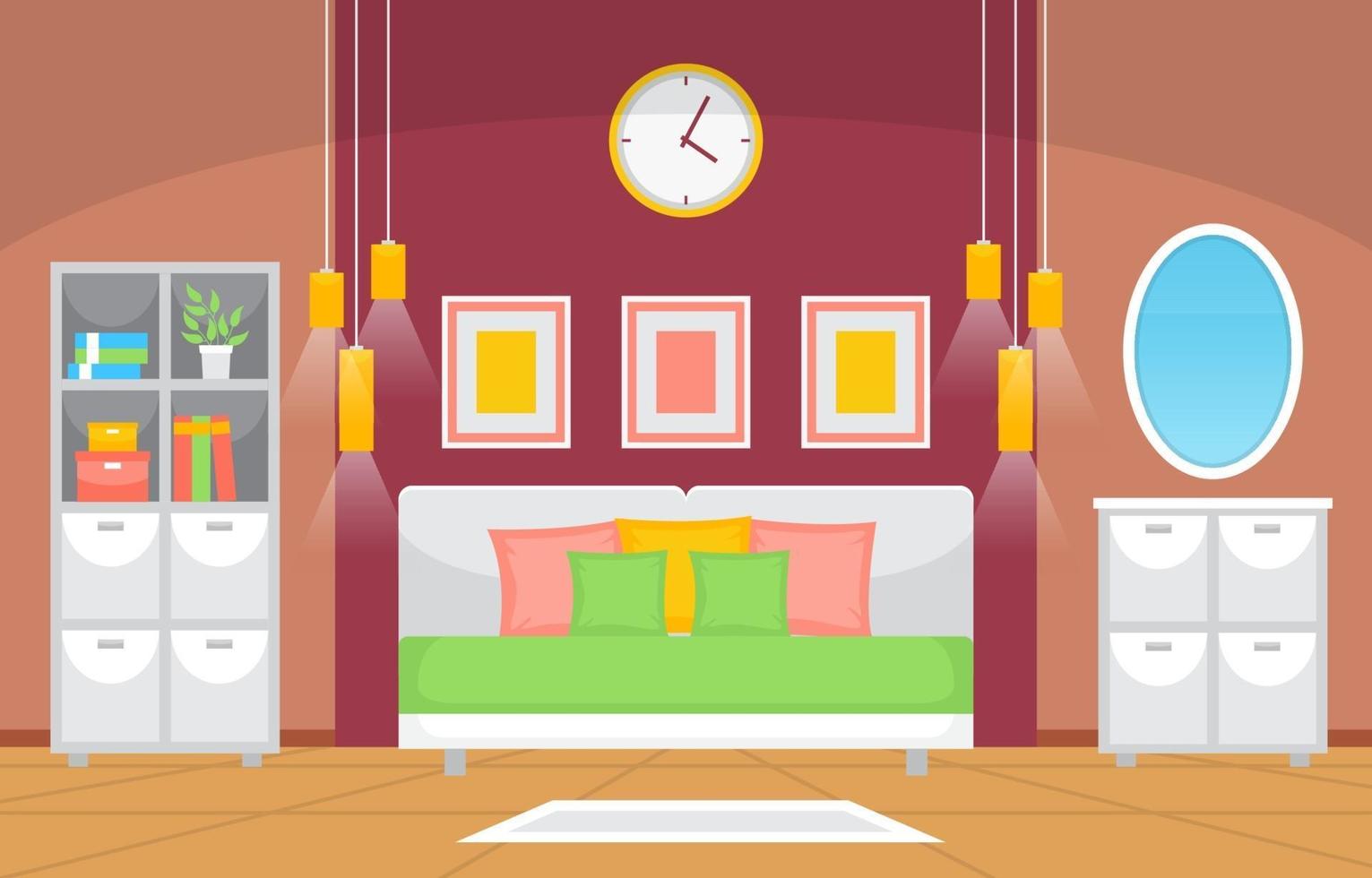 Cozy Bedroom Interior with Double Bed, Lamps and Shelves vector