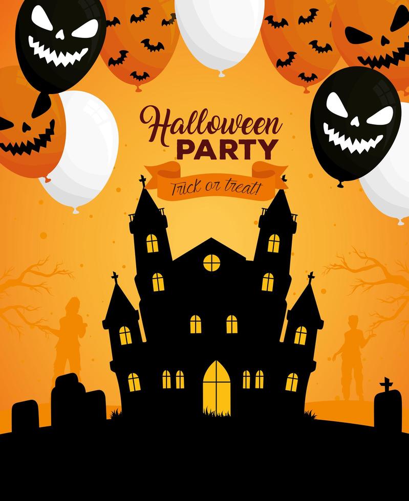 Happy Halloween banner with haunted house and scary balloons vector