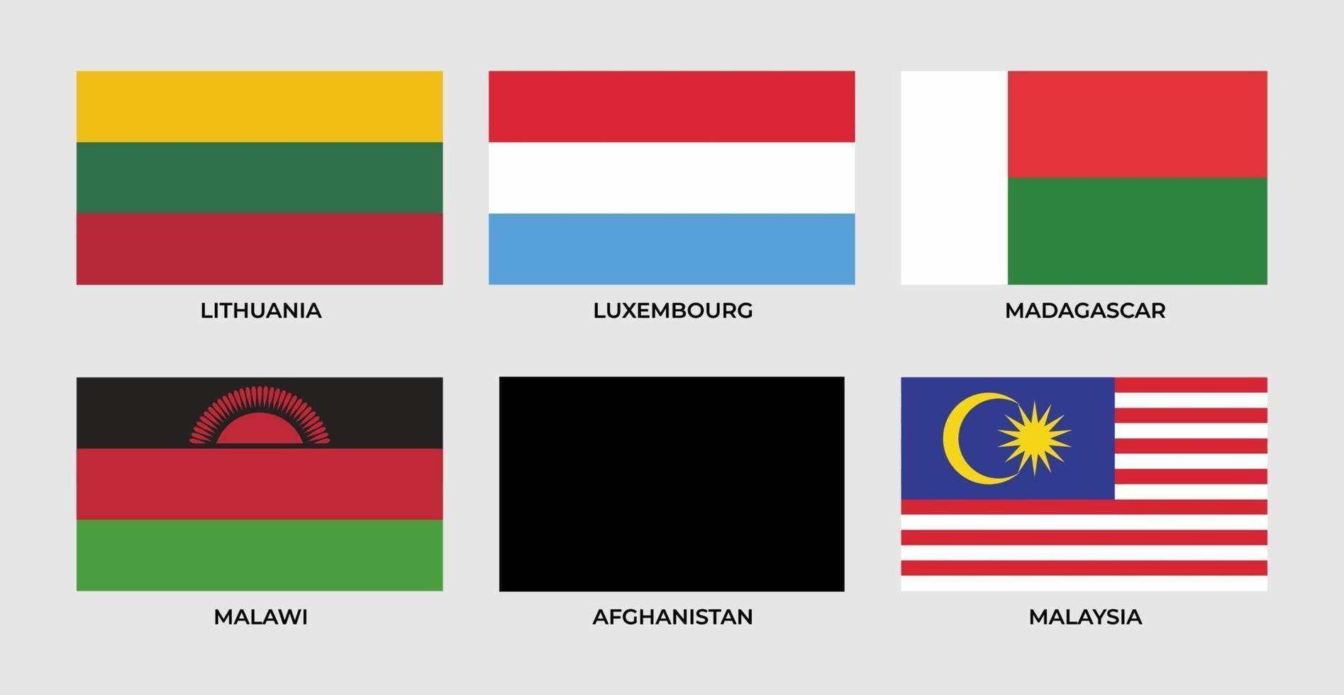 bandera de lituania, luxembourge, madagascar, malawi, afganistán, malasia, vector