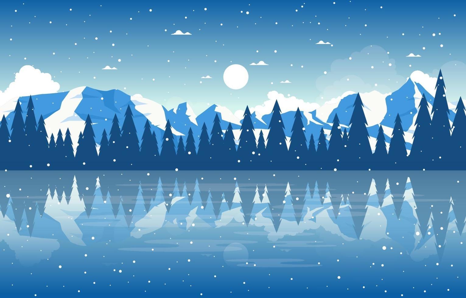 Snowy Winter Landscape with Trees, Frozen Lake, and Mountains vector