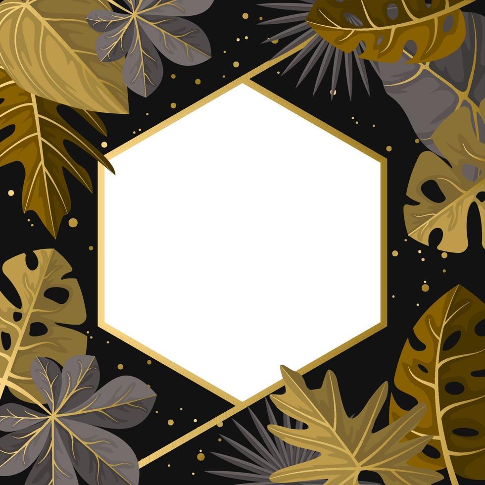 Polygon Background Template with Golden Tropical Leaves Border Frame vector