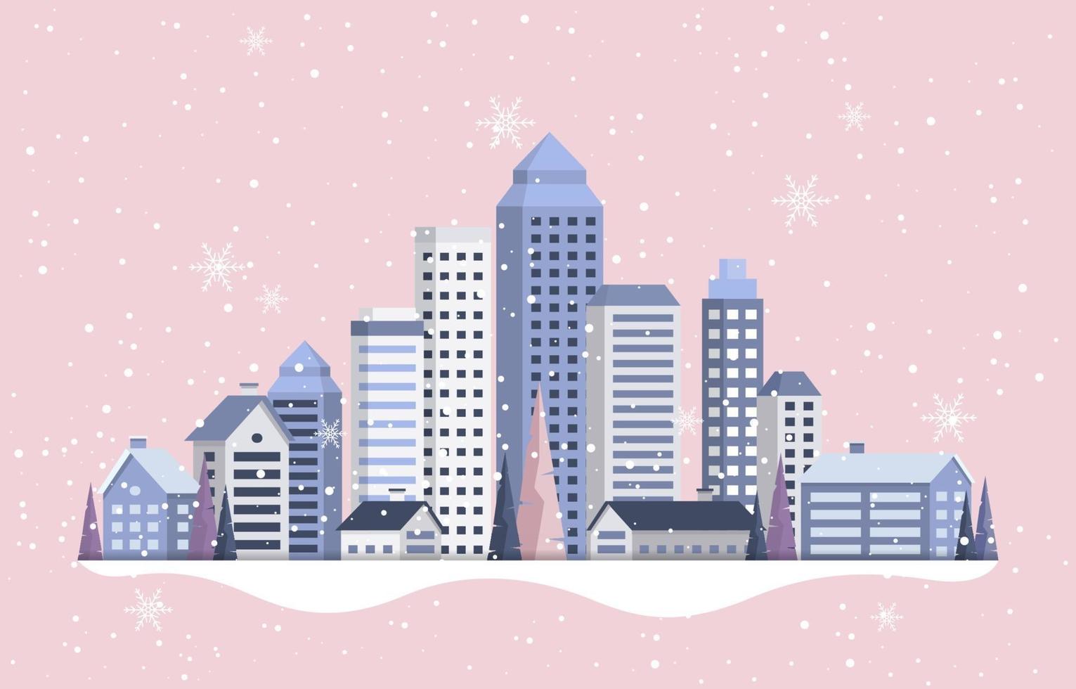 ciudad nevada en invierno con copos de nieve cayendo sobre edificios y hogares vector