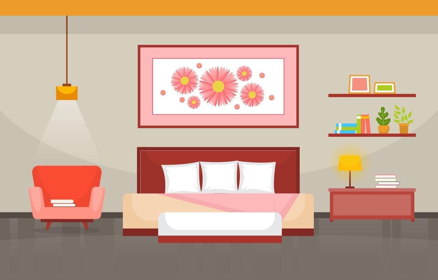 Cozy Bedroom Interior with Double Bed and Shelves vector