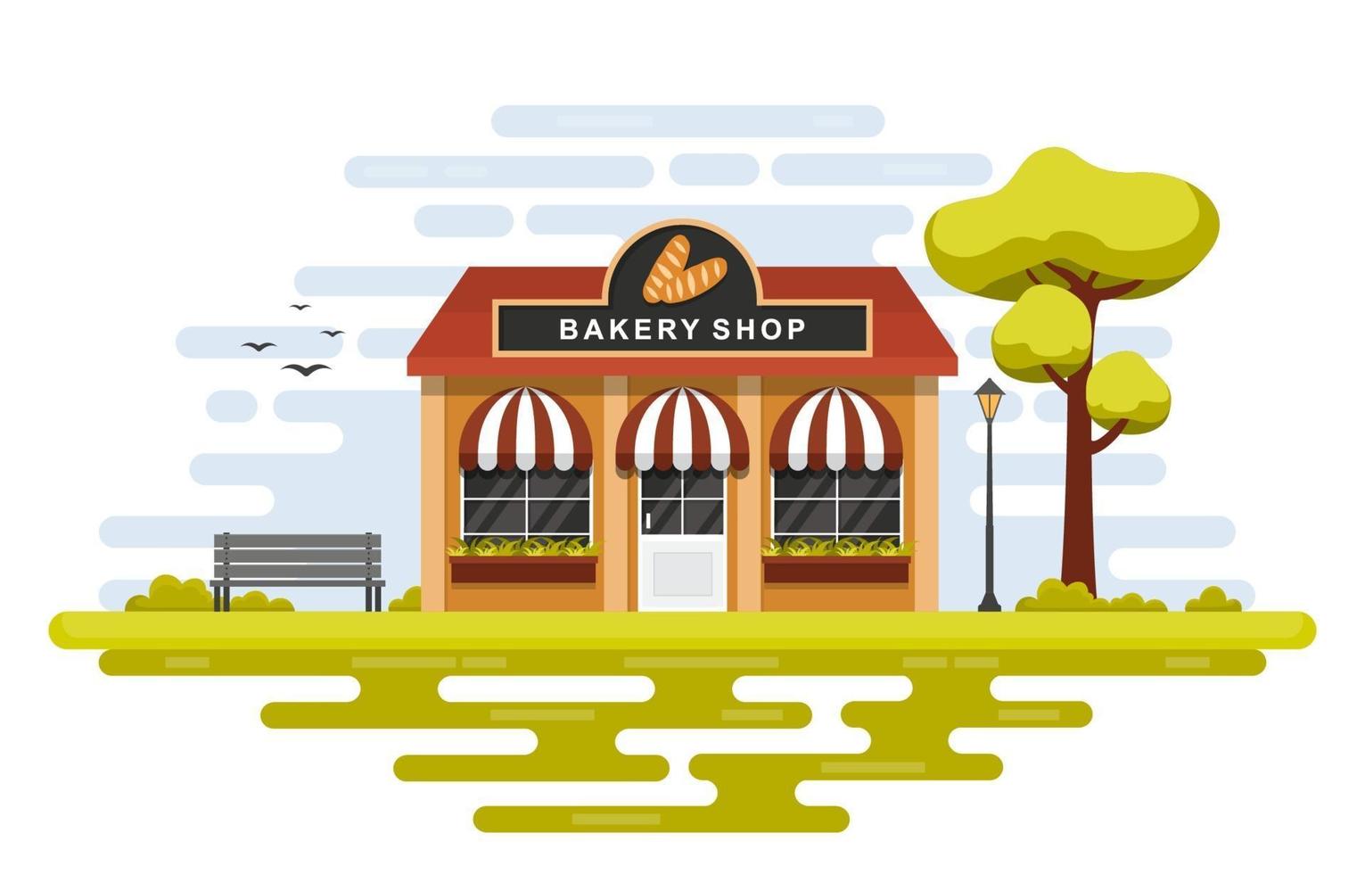 Fancy Bakery Shop with Trees and Bench vector