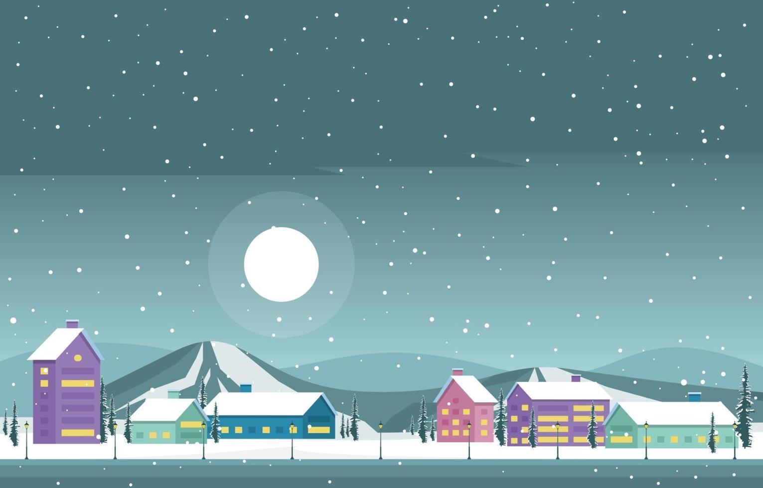 Snowy Winter Town Scene with Mountains, Homes and Trees vector