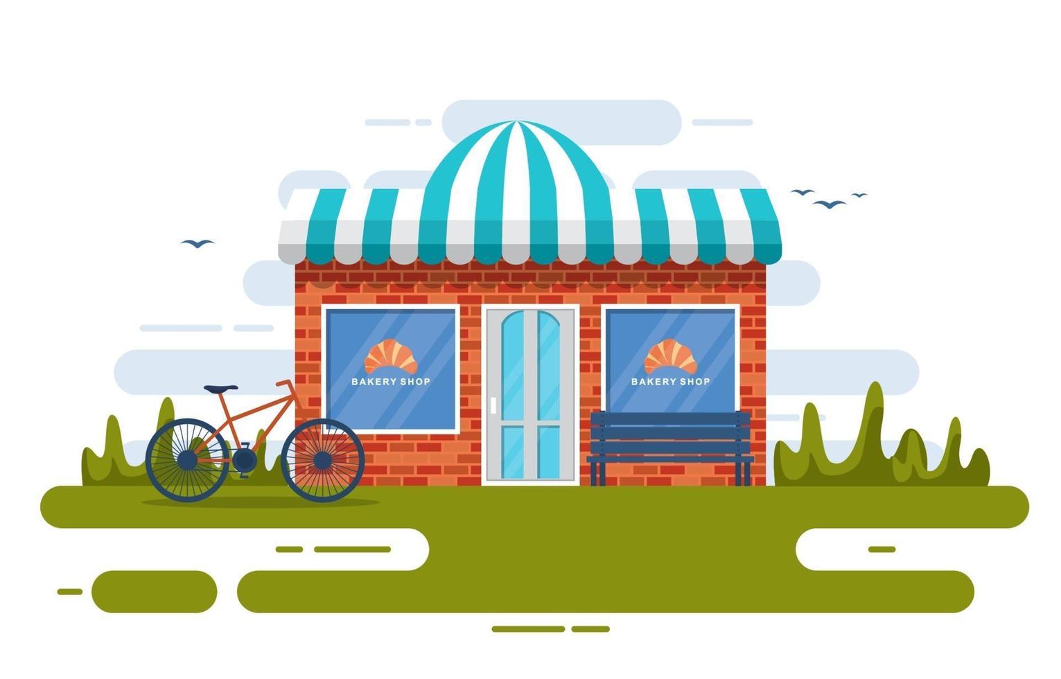 Fancy Bakery Shop with Trees and Bike vector