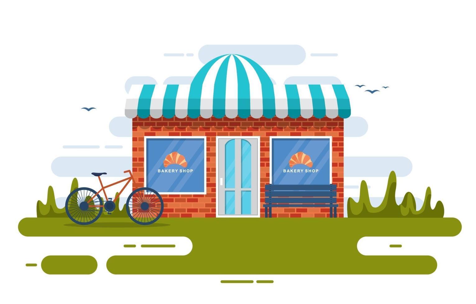 elegante panadería con árboles y bicicleta vector