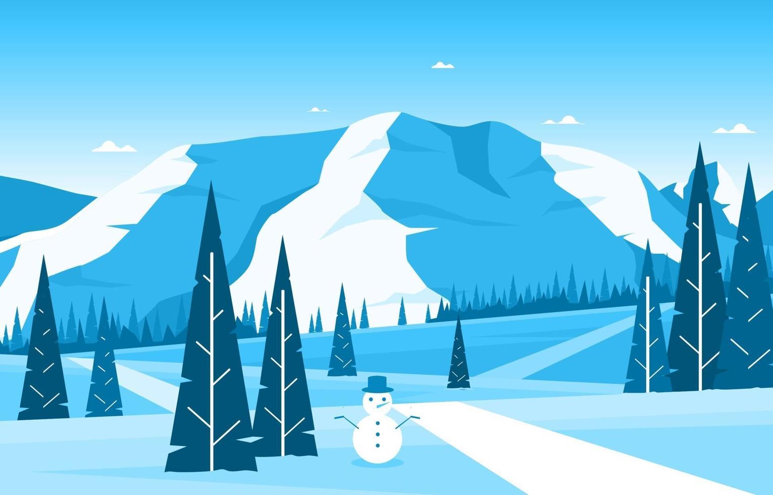 Snowy Winter Nature Landscape with Trees, Mountains, and Snowman vector