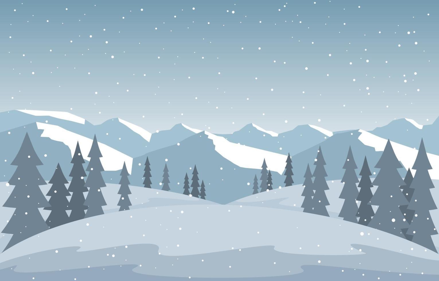 Snowy Winter Landscape with Trees, Mountains, and Snowfall vector
