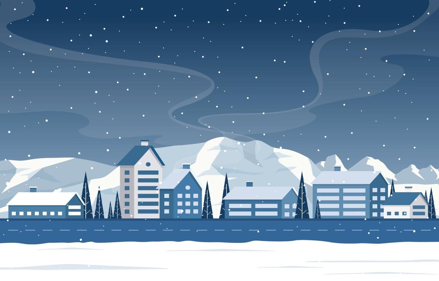 Snowy Winter Town Scene with Mountains, Homes and Trees vector