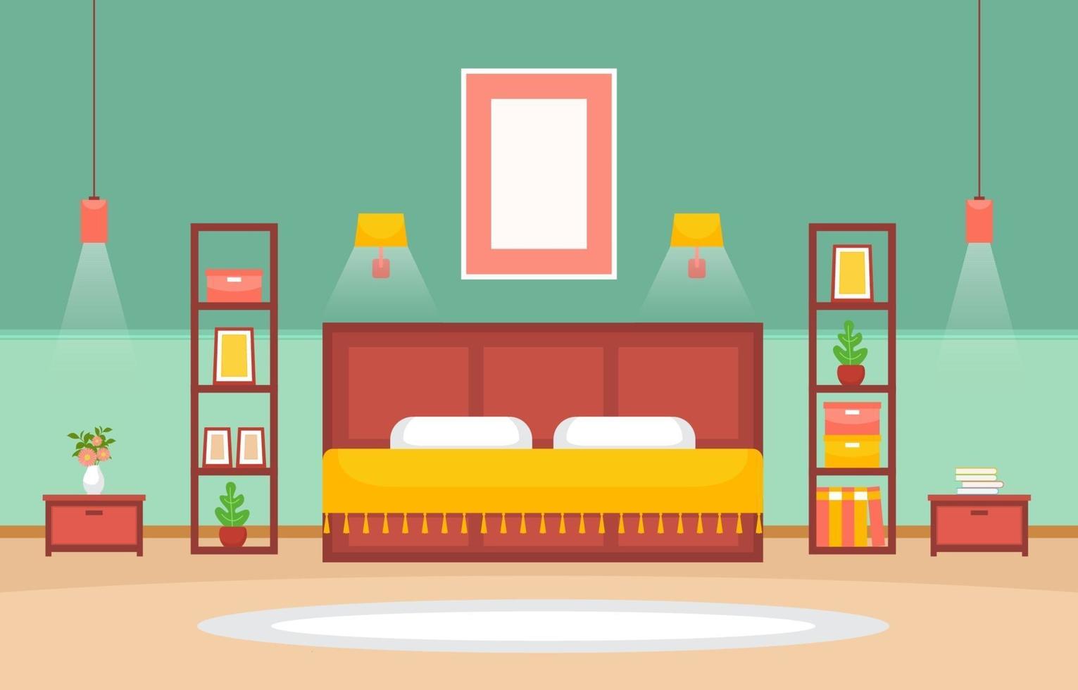 Cozy Bedroom Interior with Double Bed and Shelves vector