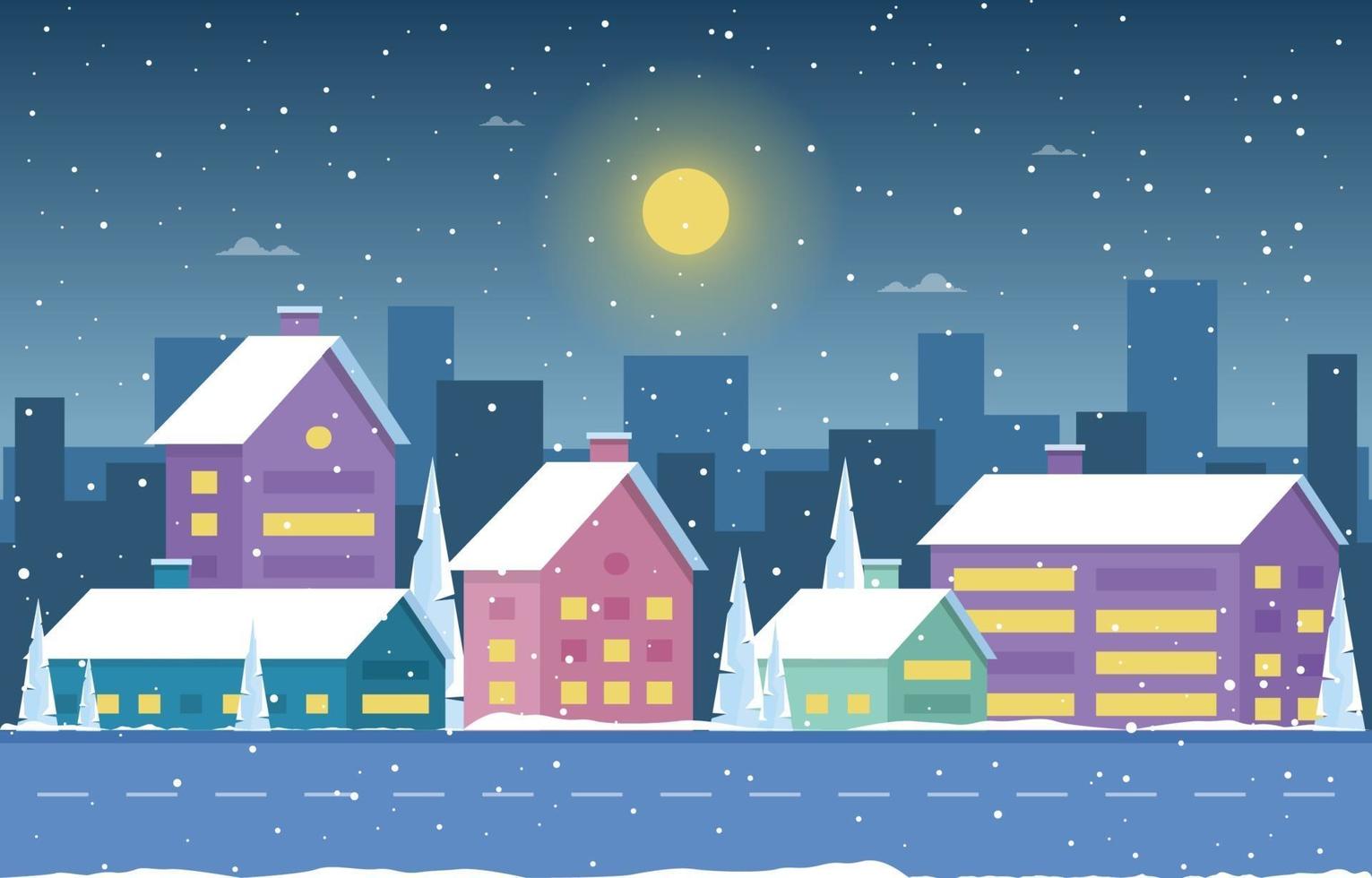 Escena de la ciudad de invierno nevado con horizonte, casas y árboles vector