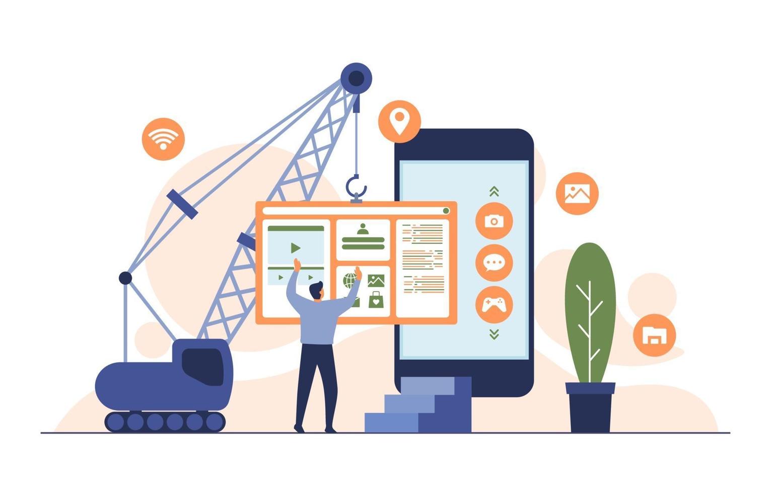 Programmer with Crane Building Mobile App on Smartphone Flat Illustration vector