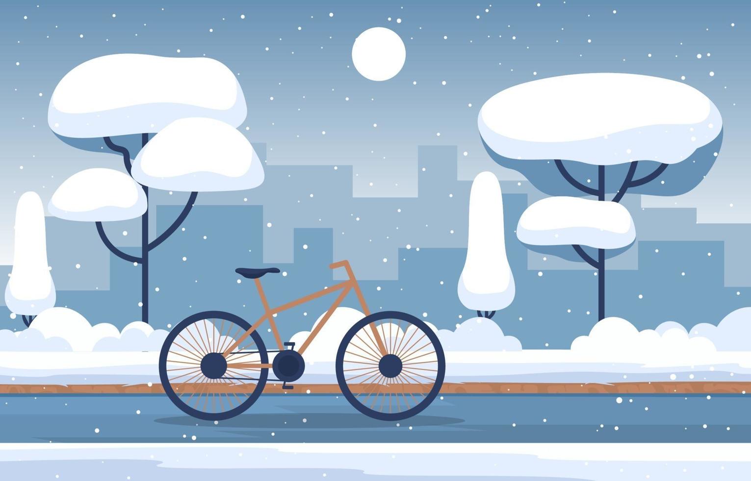 acogedora escena de invierno cubierto de nieve en la ciudad con edificios, árboles y bicicletas vector