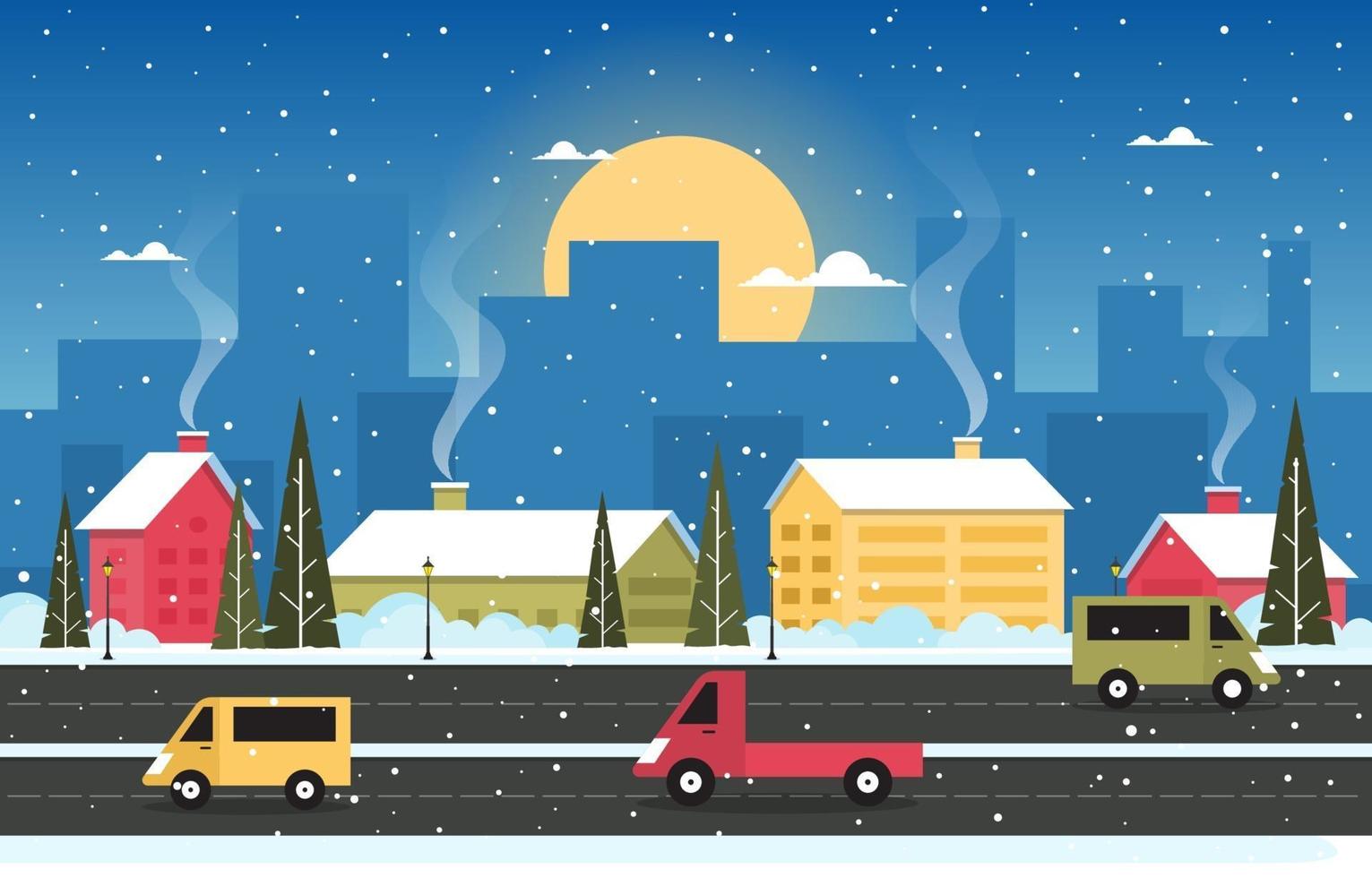 Snowy Winter Town Scene with Skyline, Homes and Traffic vector