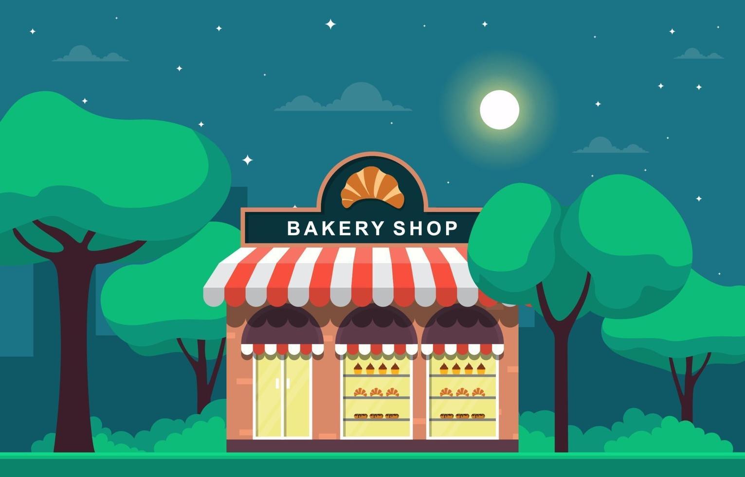 Fancy Bakery Shop in City Park at Night vector