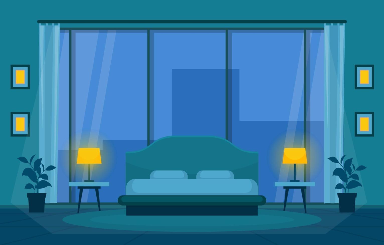 acogedor interior de habitación de hotel con cama doble y ventanas altas vector