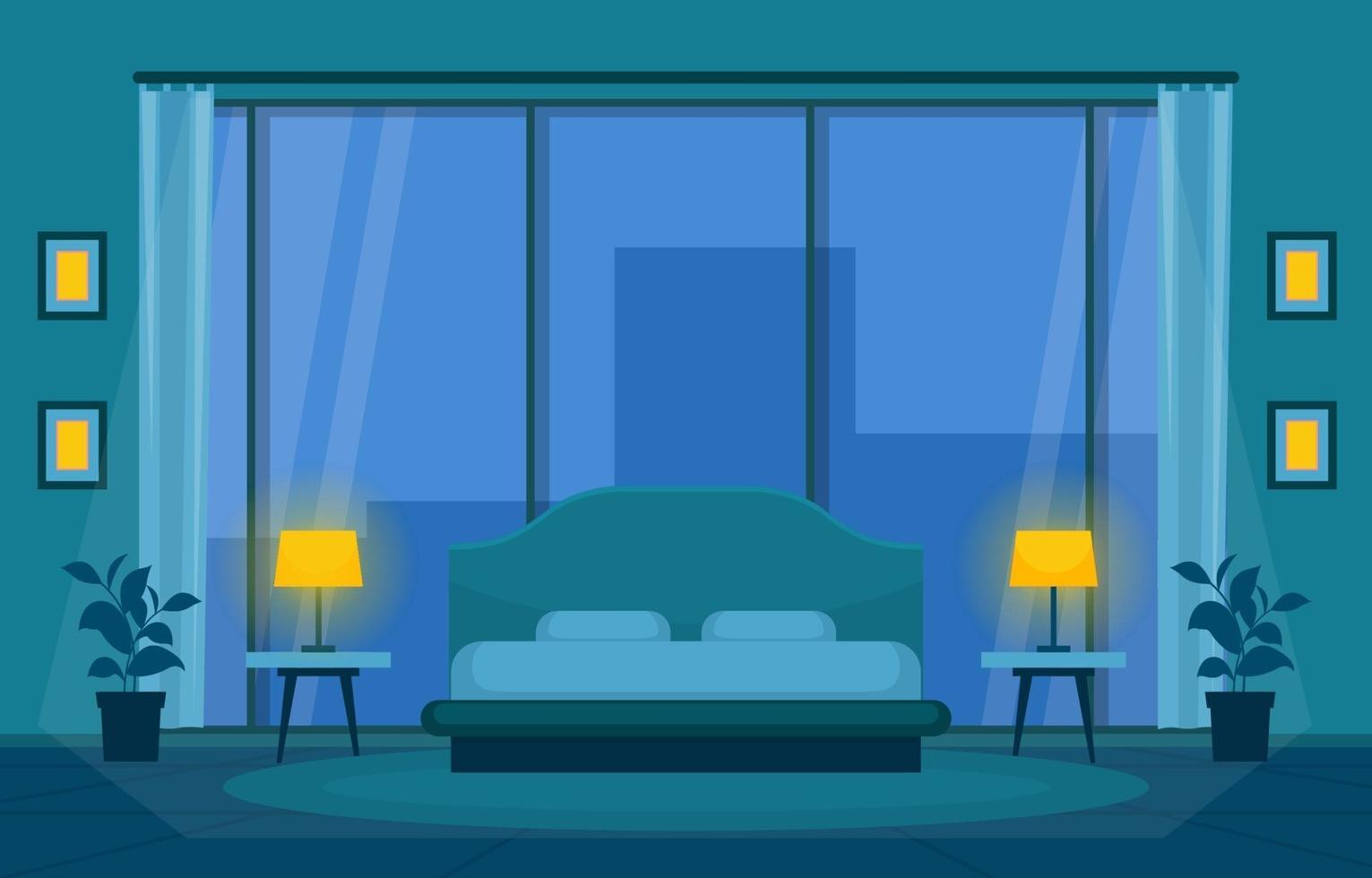 Cozy Hotel Bedroom Interior with Double Bed and Tall Windows vector