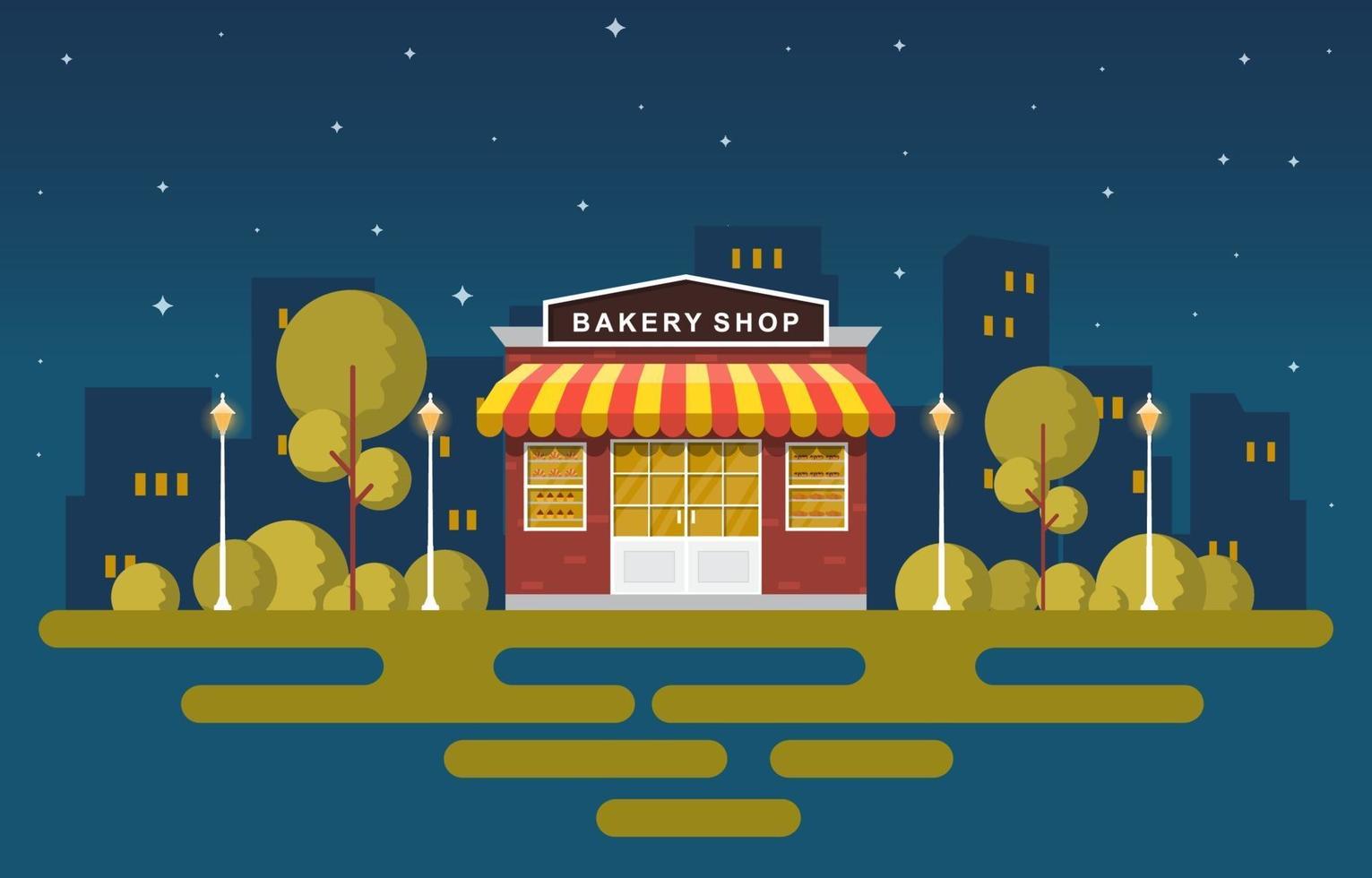 Fancy Bakery Shop in City Park at Night vector