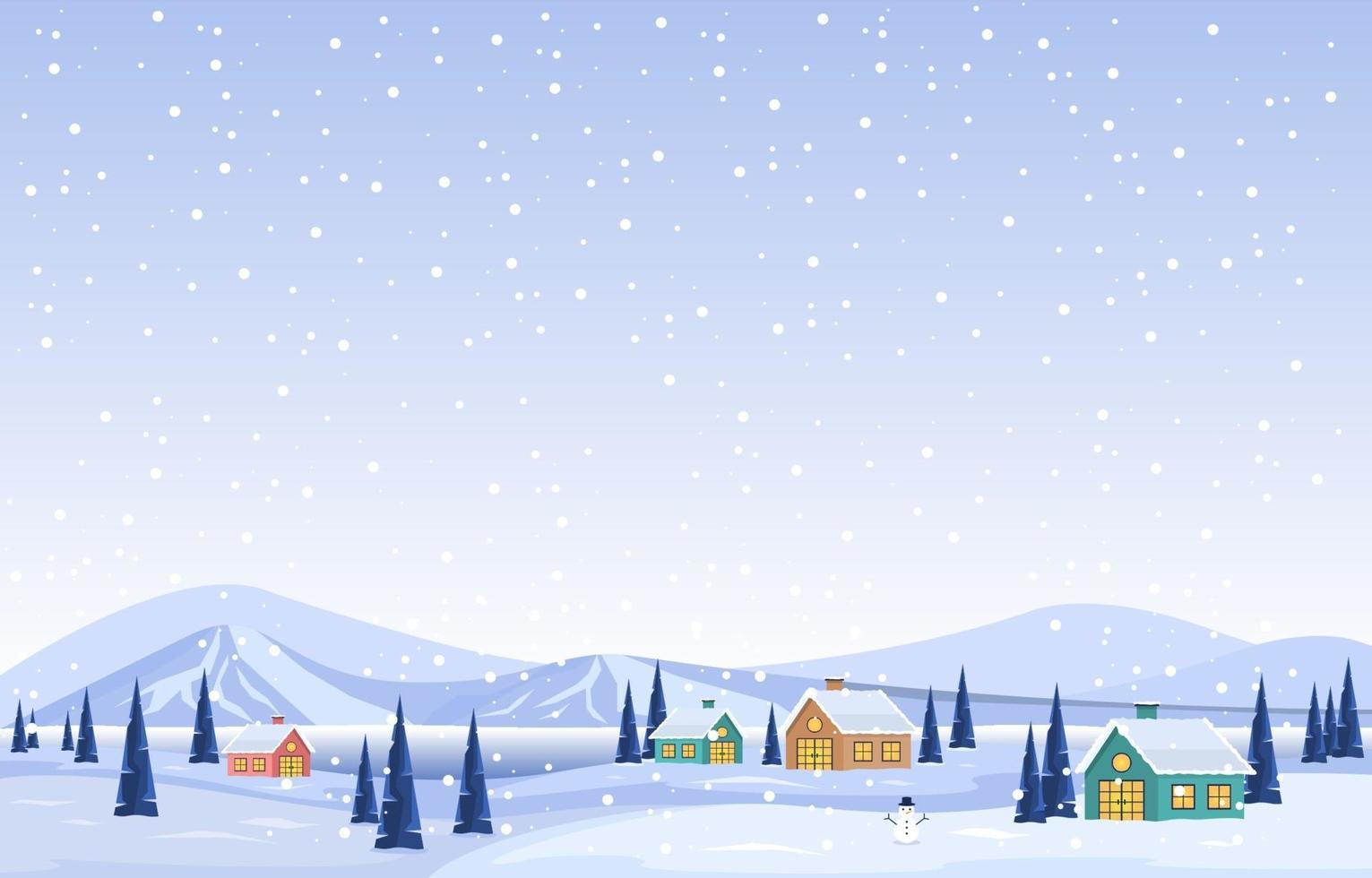 Snowy Winter Landscape with Trees, Mountains, and Cottages vector