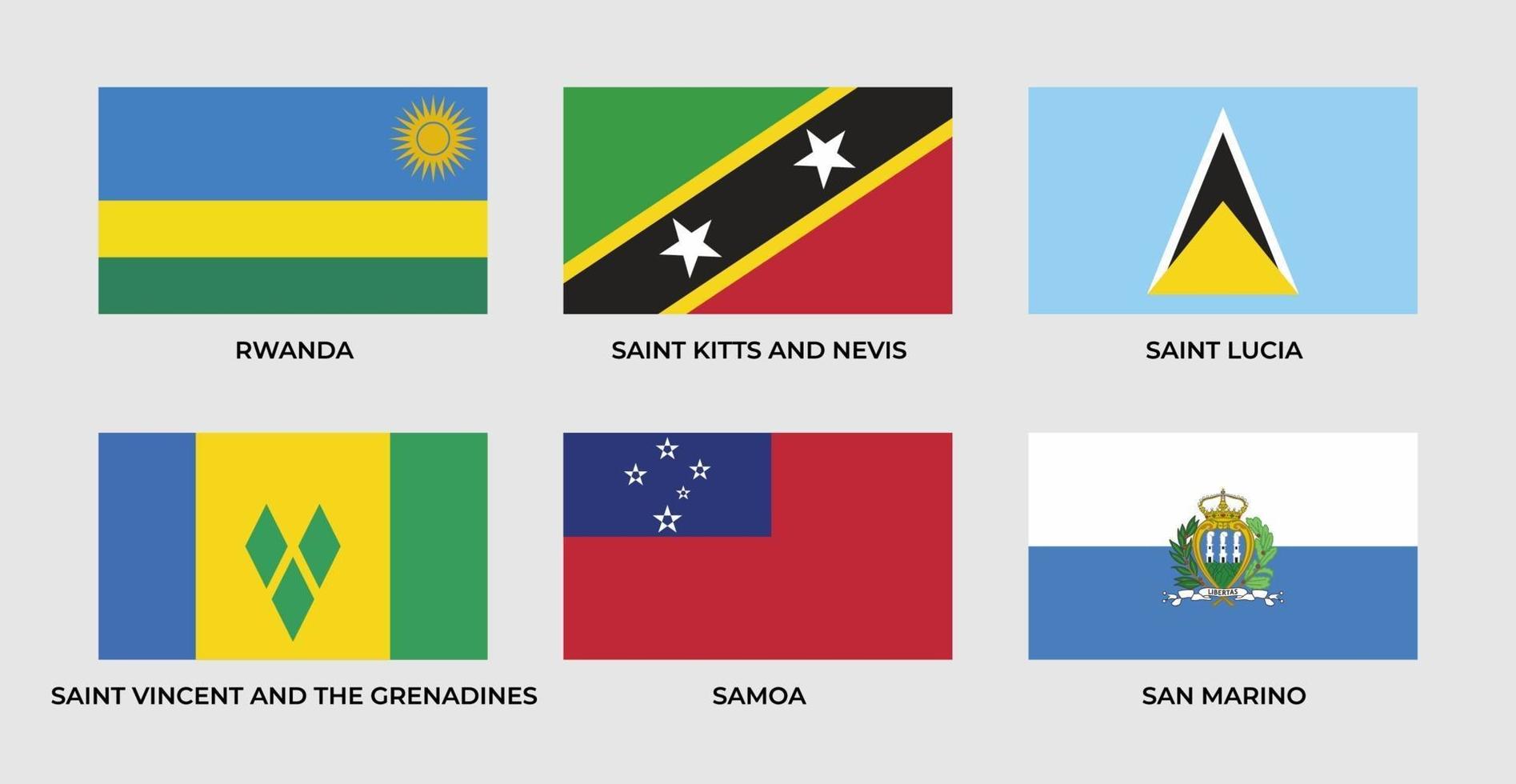 Establecer la bandera de Ruanda, San Cristóbal y Nieves, Santa Lucía, San Vicente y las Granadinas, Samoa, San Marino vector