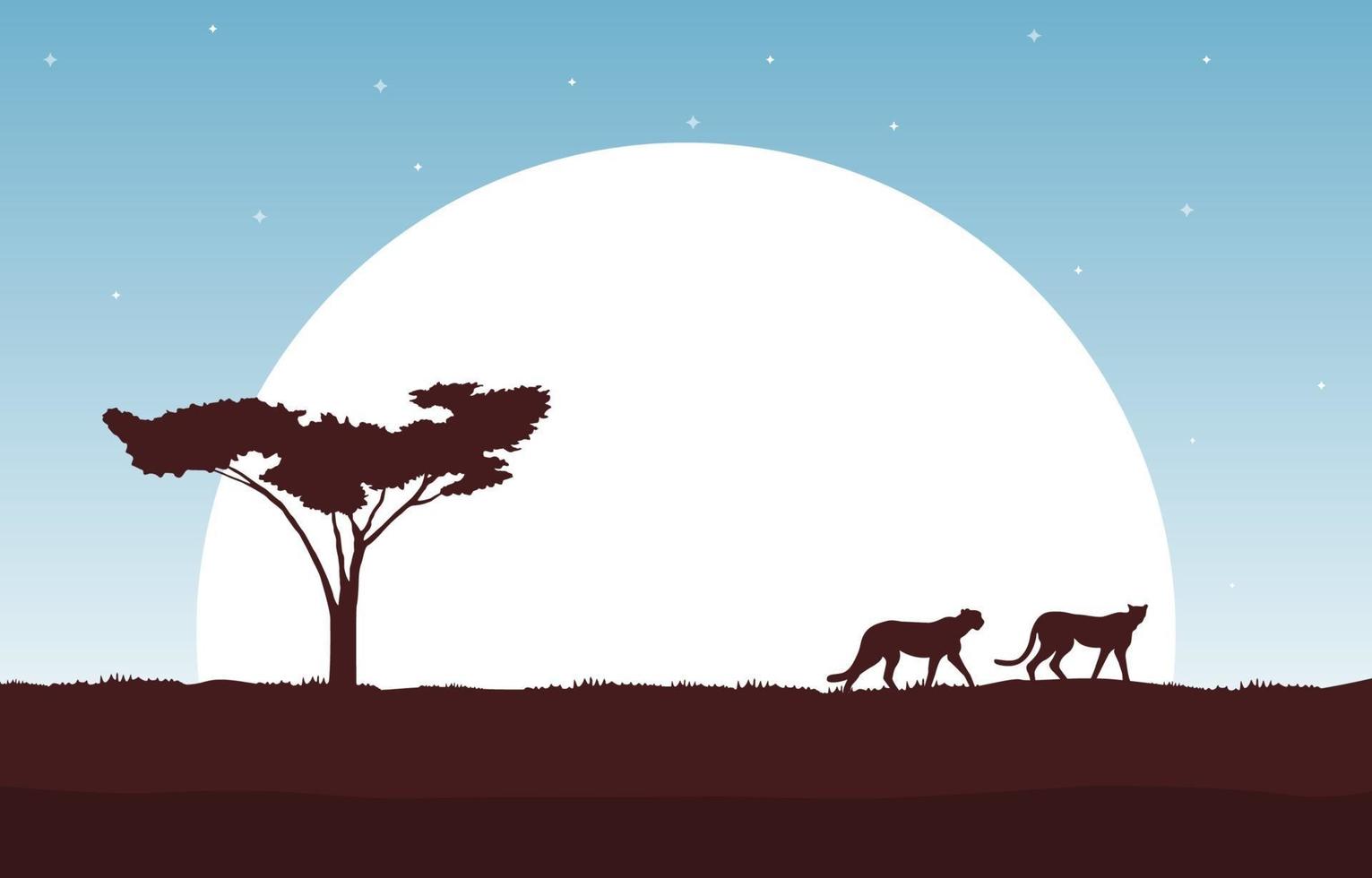 Cheetahs in African Savanna with Tree and Big Sun Illustration vector