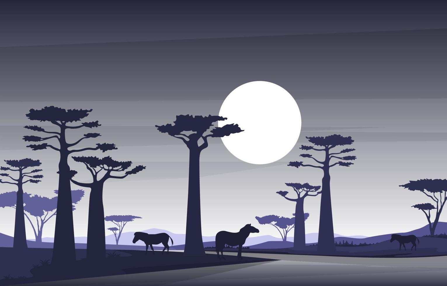 Zebras in African Savanna with Baobab Trees Illustration vector