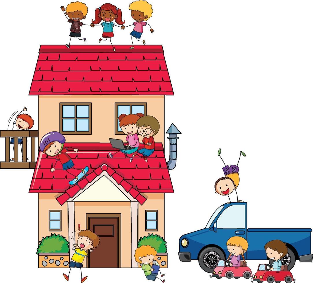 Many kids doing different activities around the house vector