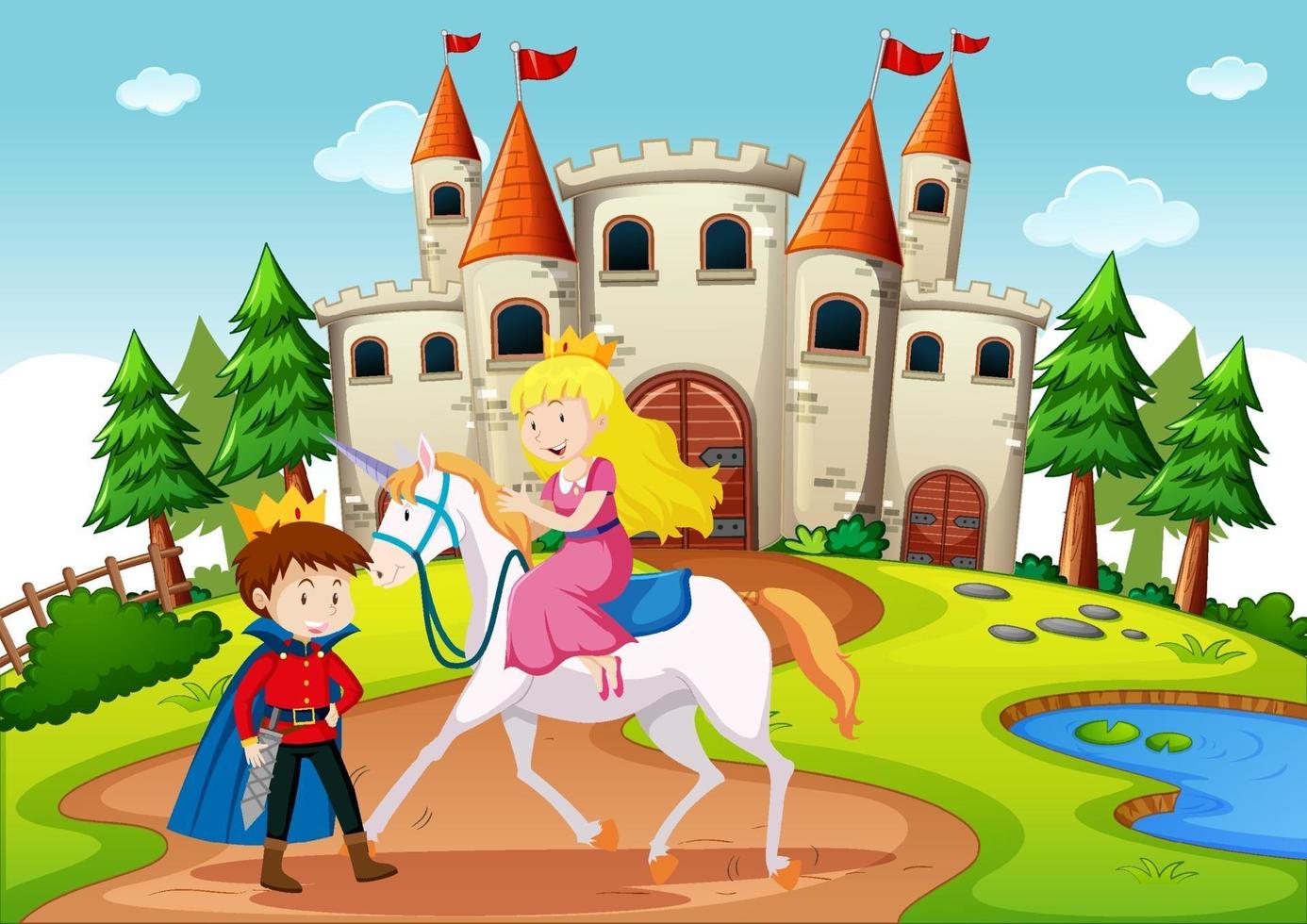 Prince and princess in fairytale land scene vector