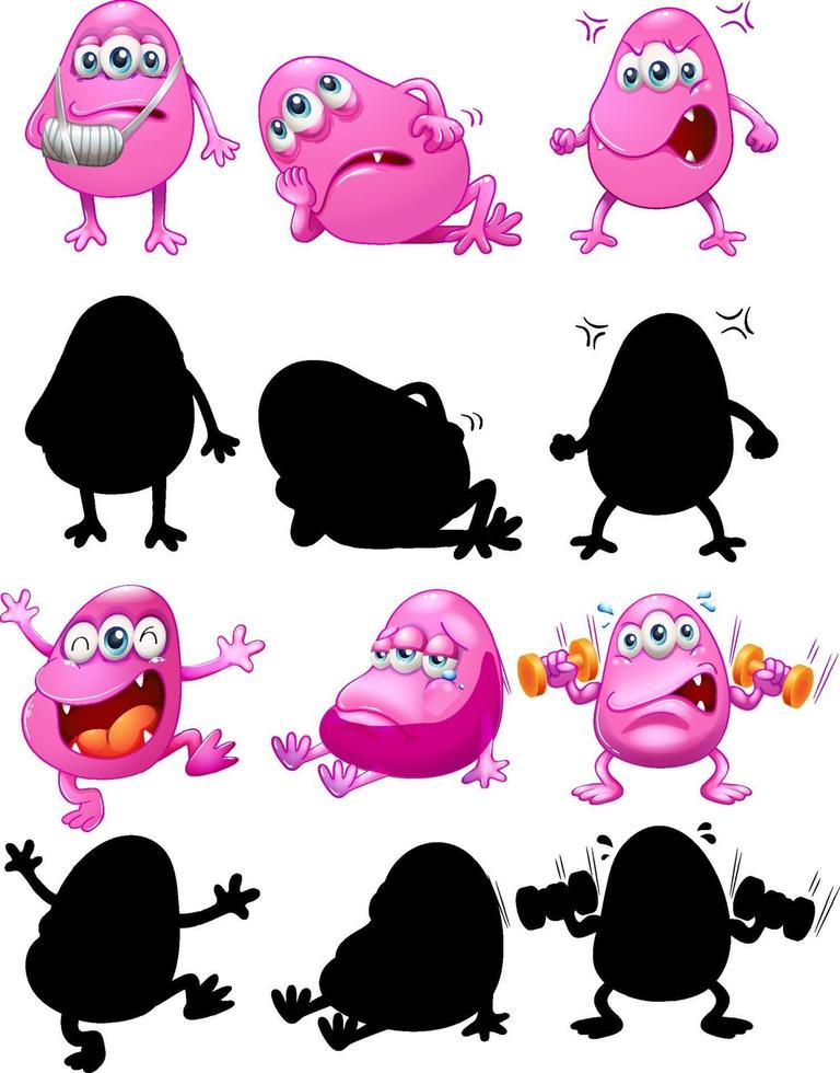 Set of pink monster with its silhouette on white background vector