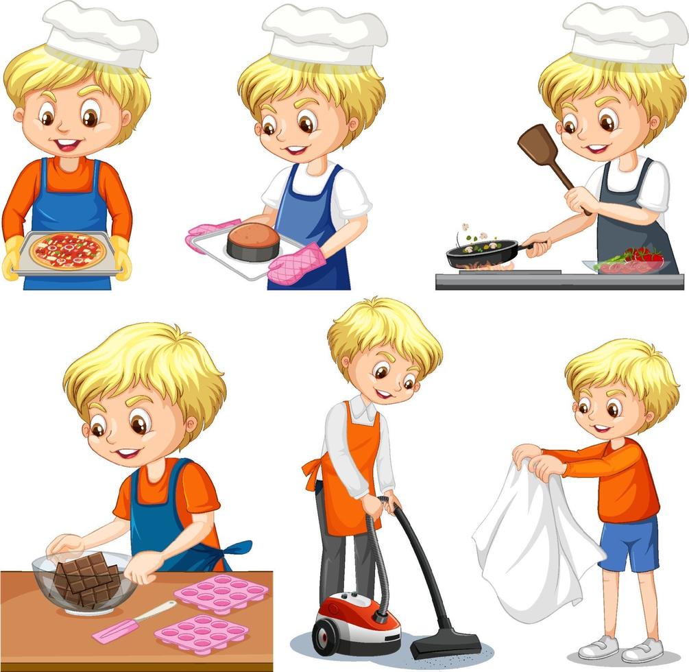 conjunto de un niño haciendo diferentes tareas domésticas. vector