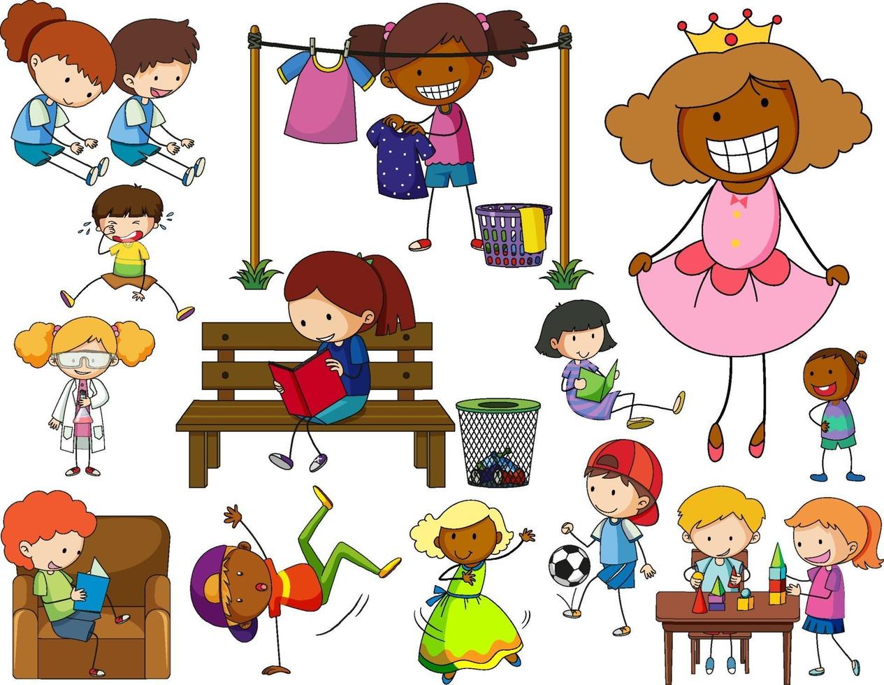 Set of different doodle kids cartoon character vector