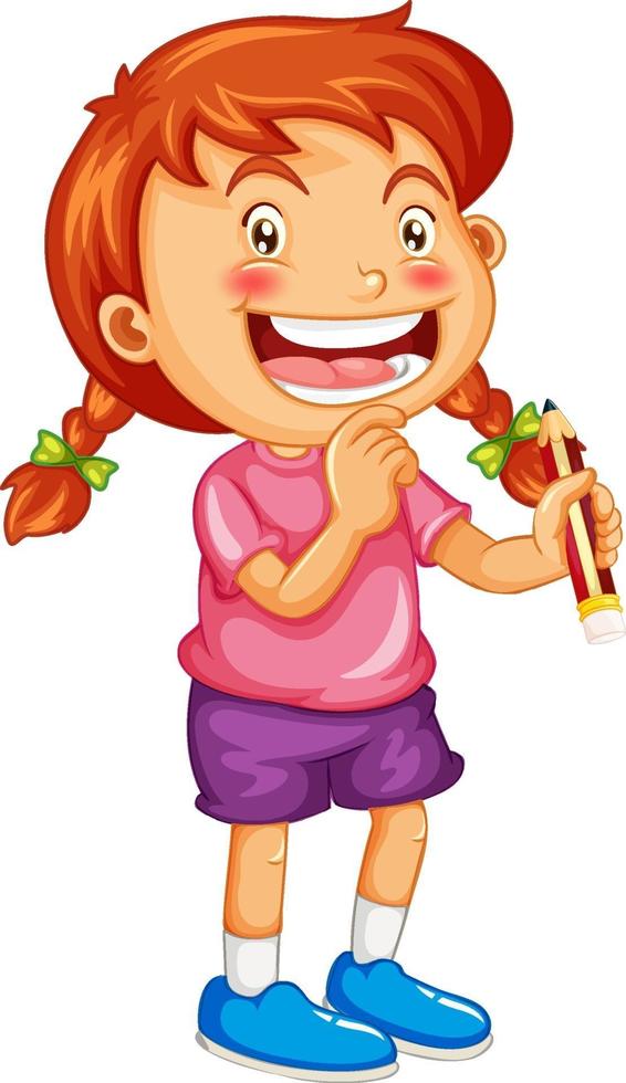 Happy girl cartoon character holding a pencil vector