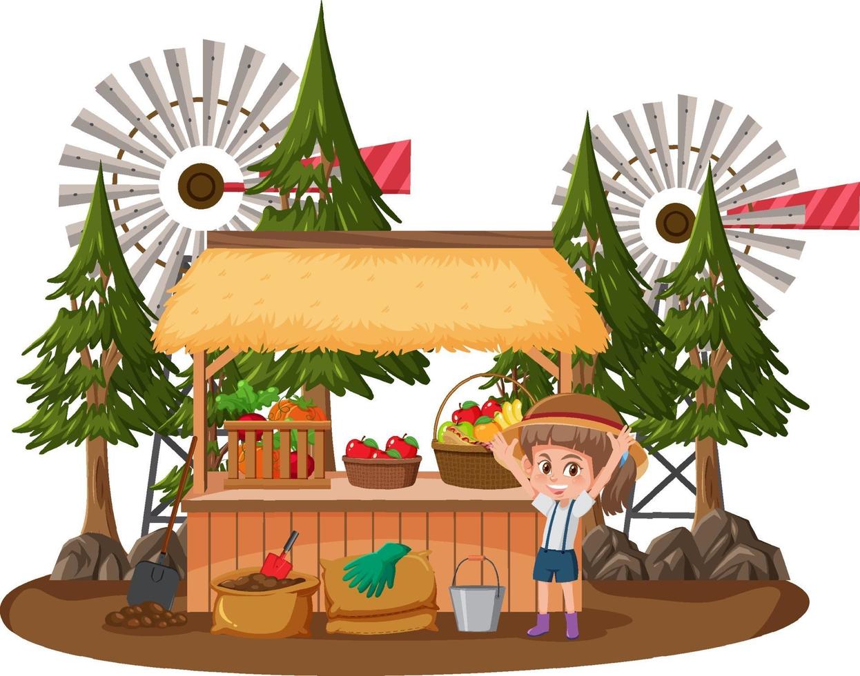 Una niña con tienda de frutas aislado sobre fondo blanco. vector