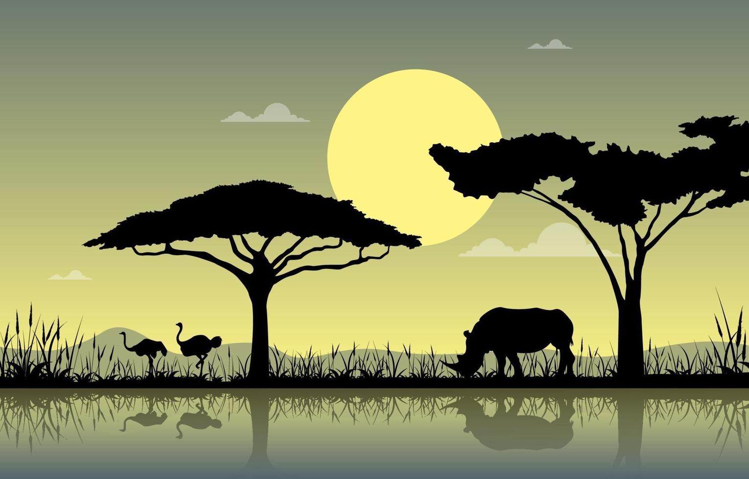 Ostriches and Rhino at Oasis in African Savanna Landscape Illustration vector