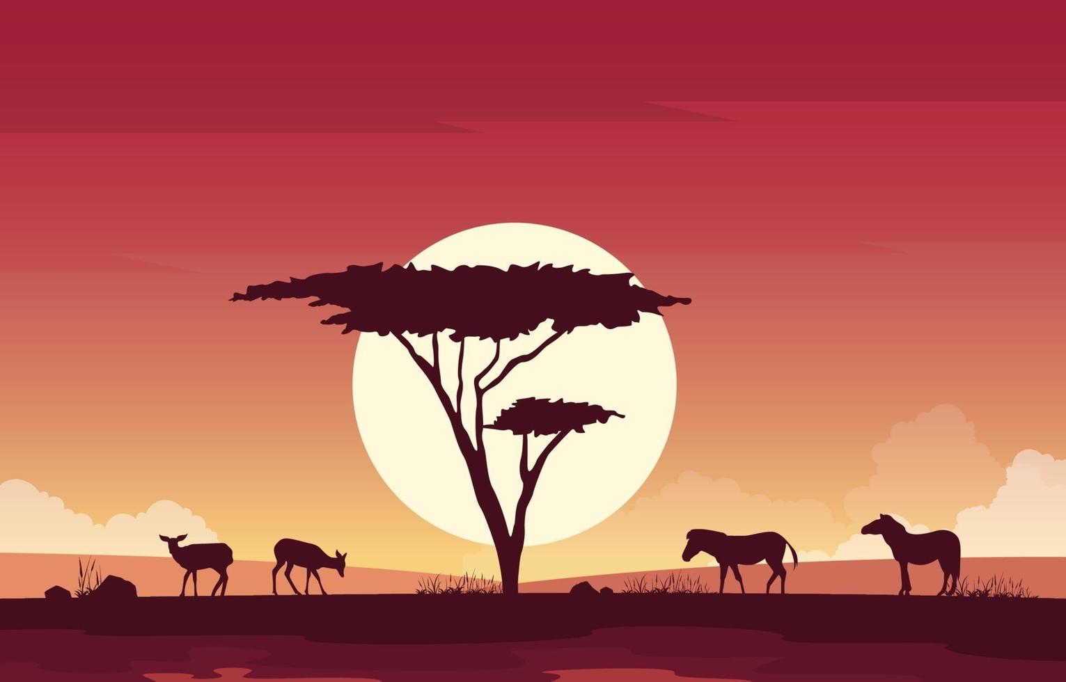 Deer and Zebras in African Savanna Landscape Illustration vector