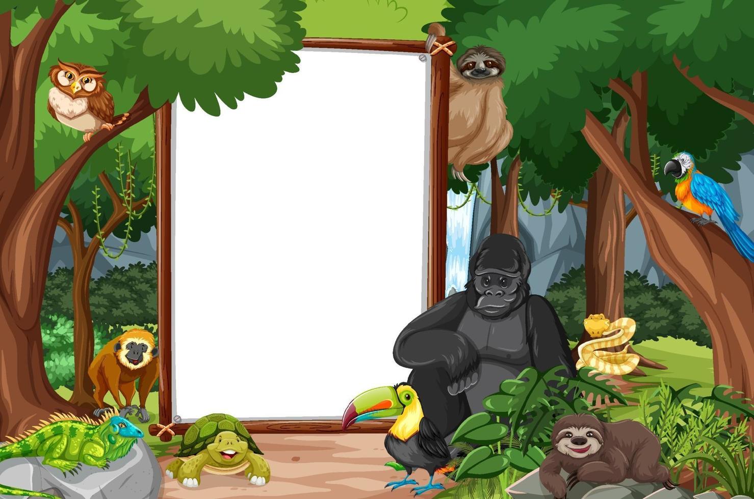 Blank banner in the rainforest scene with wild animals vector