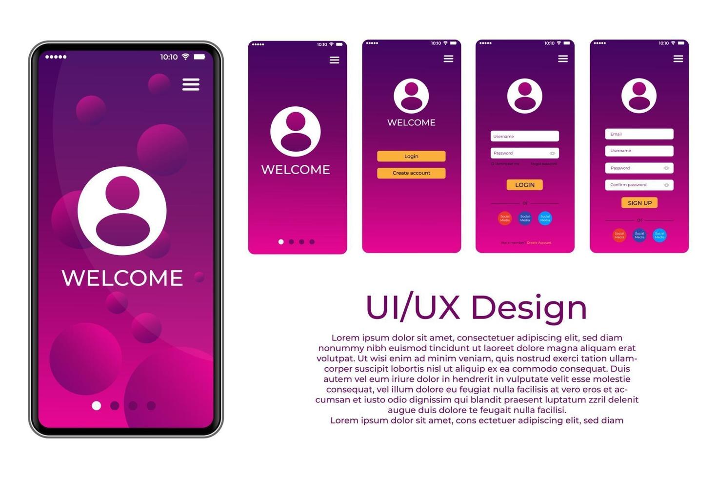 Welcome screen. Login and Register on Screen. Log In and Sign Up UI UX on Smartphone Screen. Login Application with Password Form Window. Vector illustration