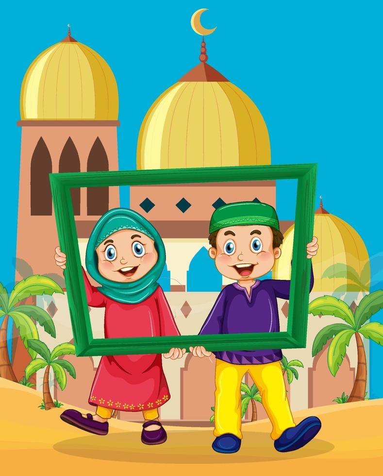 Muslim couple holding photo frame in front of mosque vector