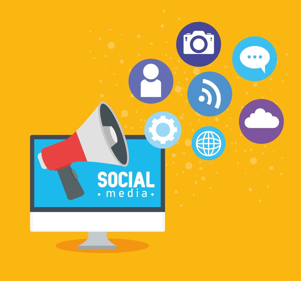 social media concept, computer with megaphone and icons vector