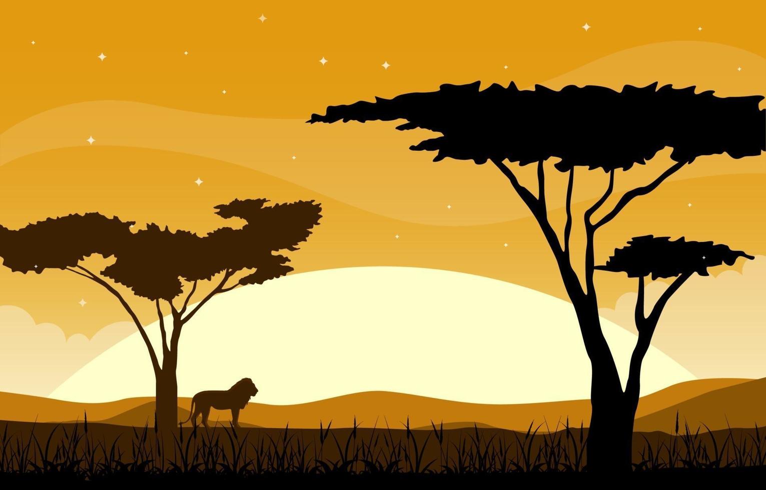 Lion in African Savanna Landscape with Trees Illustration vector