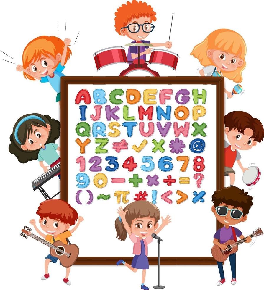 Alphabet A-Z and math symbols on a board with many kids cartoon character vector
