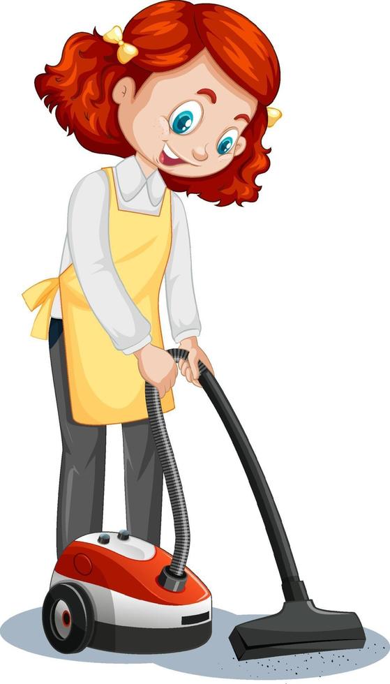 Maid cartoon character wearing uniform using vacuum cleaner vector