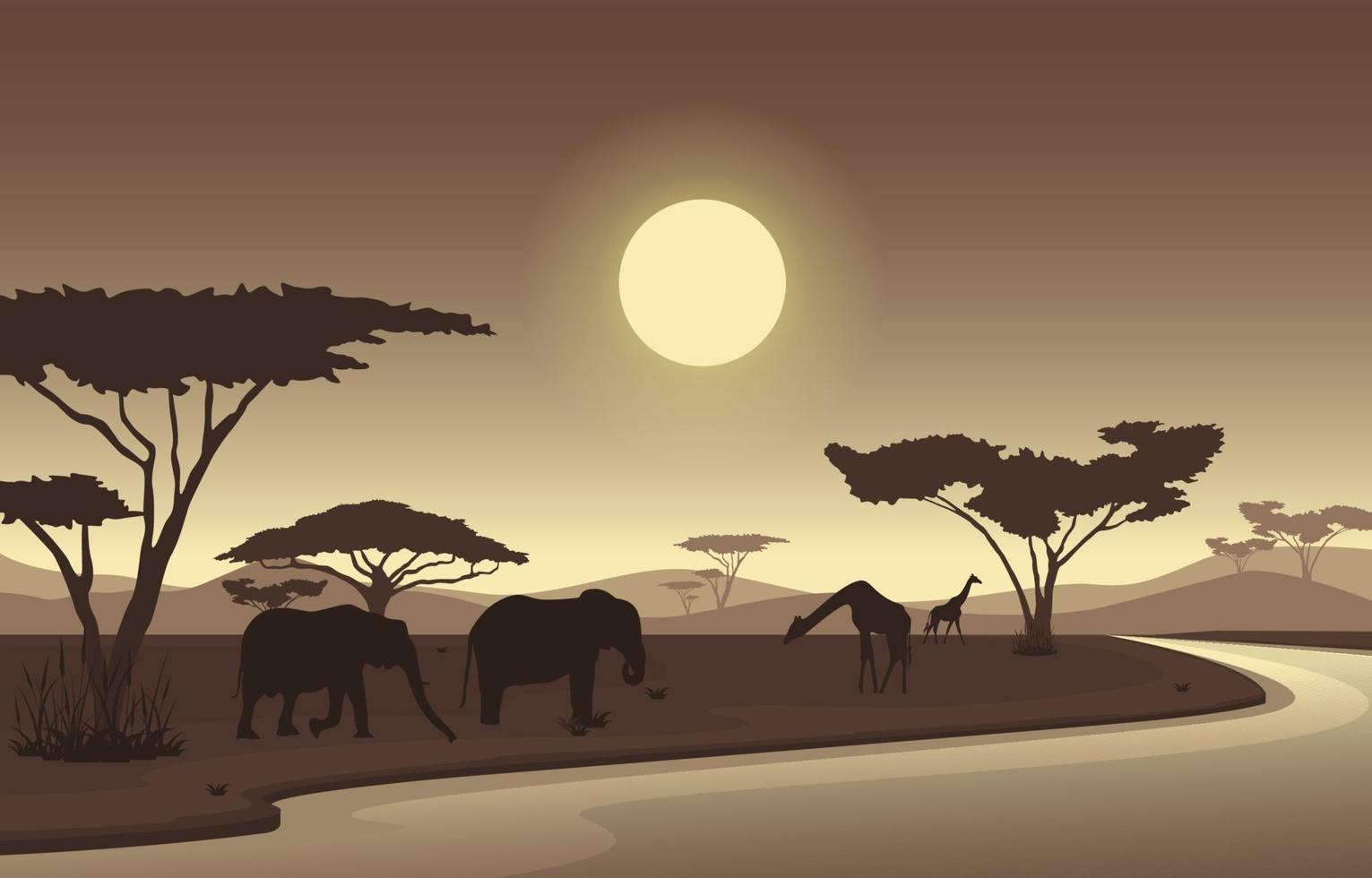 Elephants and Giraffes at Oasis in African Savanna Landscape Illustration vector