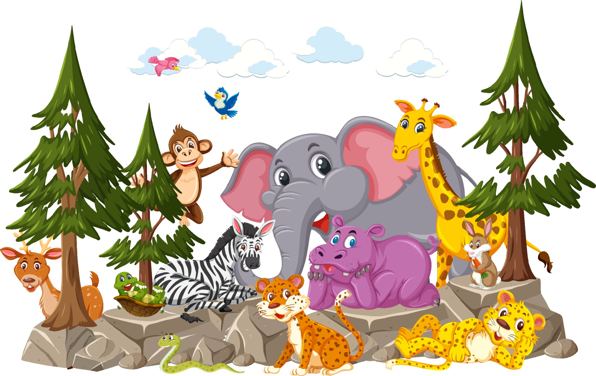 Wild animal group cartoon character on white background 2046778 Vector Art  at Vecteezy